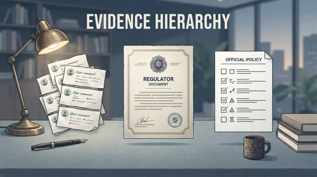 Editorial illustration comparing user comments with regulator and official policy evidence