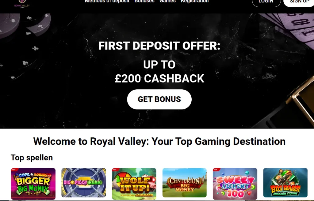Royal Valley Casino game lobby showing categories and software providers