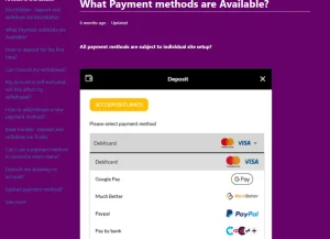Royal Valley Casino official help page showing accepted payment methods for UK players