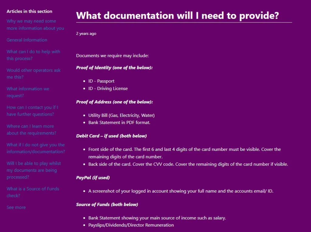 Royal Valley Casino official KYC documentation help article
